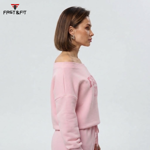 Polyester Cotton Knitted Fabric High Quality Printed Autumn Oversized <b>Sweatshirt</b> Streetwear Slash Neck <b>off</b> <b>Shoulder</b> Front Logo - Product Image 3