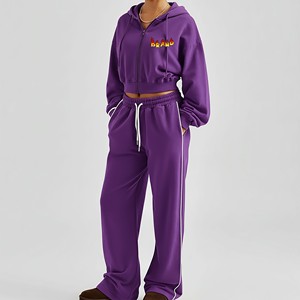 Women's Winter Casual Wear Solid Embroidered Zipper Women's Tracksuit Streetwear 100% Cotton Breathable Ladies Jogging <b>Set</b> OEM - Product Image 1