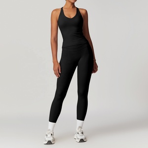 <b>Black</b> Racerback Tank Top High Waist Full Length <b>Leggings</b> 2 Piece Yoga Set Seamless Activewear Four-Way Stretch - Product Image 1
