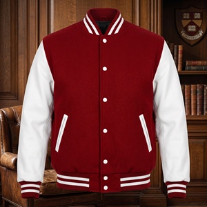 Veste universitaire en laine rouge pour homme avec manches en cuir marron, style preppy, col rabattu, fermeture boutonnée, vêtement d'automne - Product Image 2