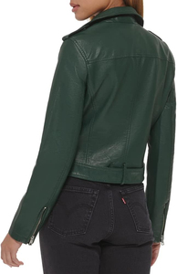 Chaqueta de Moto de Cuero Sintético Verde para Mujer, Manga Larga, Cierre de Cremallera, Color Sólido, Estilo Otoñal, Cuello Camisero, Corte Corto - Product Image 2
