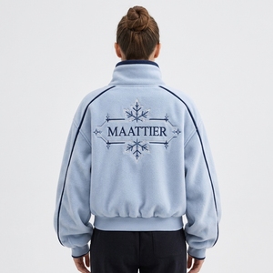 <b>Womens</b> Light Blue Fleece Bomber <b>Jacket</b> With <b>Navy</b> Piping High Collar Snap Button Closure Ribbed Cuffs Cropped Fit Wholesale - Product Image 2