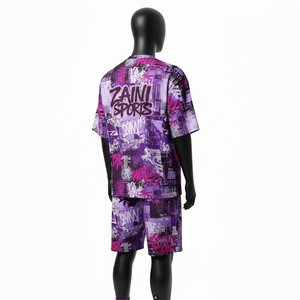 ชุดเสื้อยืดและกางเกงขาสั้นผู้ชาย ผ้าโพลีเอสเตอร์คุณภาพสูง ระบายอากาศได้ดี สีม่วงชมพู พิมพ์ลายทั่วตัว รับสกรีนโลโก้ - Product Image 5