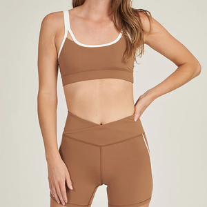 Soutien-gorge de sport pour femme, couleur unie, avec biais contrastant, bretelles spaghetti, encolure dégagée, maintien moyen, respirant, sans coutures, pour le fitness - Product Image 1