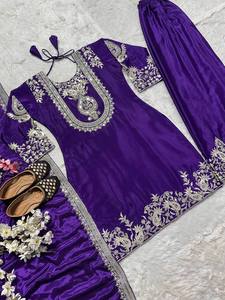 Women's Purple Embroidered Traditional Indian Pakistani Ankle-Length <b>Dress</b> With <b>Silver</b> Trim Regular Fit - Product Image 4
