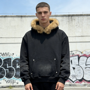 2026 Trending Men Oversized Washed Distressed Hoodie Detachable Faux <b>Fur</b> <b>Trim</b> Streetwear Hip-Hop Heavy Fleece Wholesale OEM - Product Image 2