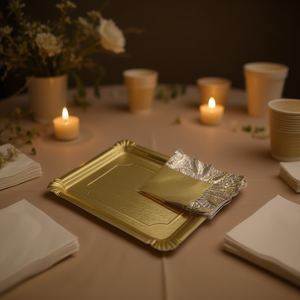 Kit di Accessori Eleganti per Feste con Vassoi in Carta Dorata Usa e Getta - Product Image 2