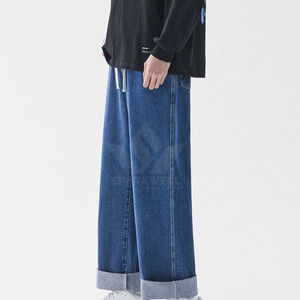 <b>Men's</b> Light Blue <b>Drawstring</b> Wide Leg Denim <b>Jeans</b> Loose Fit Casual Washed Full Length Streetwear Pants - Product Image 3