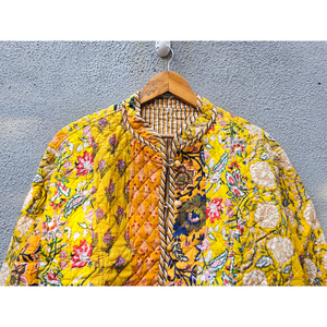 Chaqueta Acolchada de Algodón con Estampado Floral Amarillo, Reversible, Hecha a Mano, Tejida, Transpirable, Estilo Vintage, Ropa Exterior para Mujer, Regalo para Ella - Product Image 4