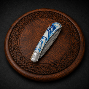 Custom Handmade Damascus Steel Folding Pocket <b>Knife</b> with Blue & White Resin <b>Handle</b> Leather Sheath, OEM ODM Manufacturer - Product Image 2