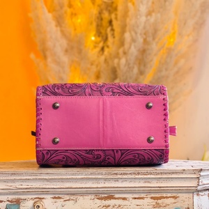 New Handcrafted Western Stylish Hand Tooled Florals Carved With Single Stone Studded 100% Genuine Leather <b>Mini</b> Speedy Duffle Bag - Product Image 4