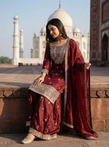 Ensemble Salwar et pantalon prêt-à-porter entièrement cousu, magnifique design de col, style col rond, longueur genou, idéal pour mariage / fête / Aïd. - Product Image 3