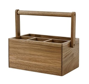 Boîte de rangement rectangulaire en bois avec poignées et séparateurs métalliques pour l'organisation des articles divers du salon, porte-couverts - Product Image 5