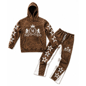 Ensemble de survêtement marron délavé à l'acide avec étoiles blanches et pantalon long à cordon de serrage 350 g/m² 100 % coton Streetwear - Product Image 1