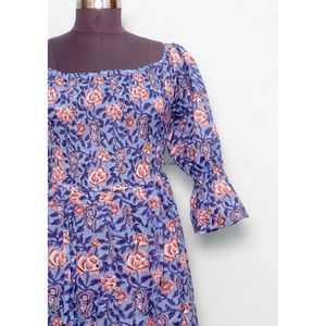 เดรสสั้นคอเหลี่ยมผ้าฝ้ายลายพิมพ์บล็อกมือแขนยาวลายดอกไม้สำหรับผู้หญิง - Product Image 3