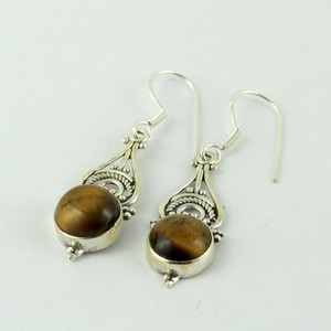 Pendientes Colgantes de Plata de Ley 925 con Ojo de Tigre y Gema Redonda, Estilo Bohemio, Hechos a Mano, Joyería de Plata Certificada India - Product Image 3