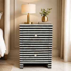 Mesita de Noche con Incrustaciones de Hueso, Mesa Auxiliar Moderna con Rayas, Gabinete de Madera con Cajones para Dormitorio o Sala de Estar - Product Image 1