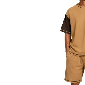 Camel Brown Mens Oversized <b>T</b> <b>Shirt</b> And Shorts Set Dark Brown Contrast Sleeves Custom Logo Casual Streetwear Summer Wholesale - Product Image 3