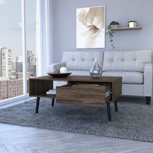 Tavolino da Caffè con Finitura Noce Scuro, Un Cassetto e Un Ripiano Aperto, Quattro Gambe Design Bull - Product Image 6