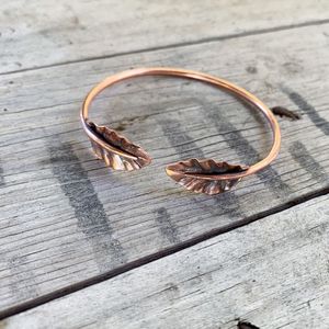Copper Feather Cuff <b>Bracelet</b> Vintage Adjustable Unisex Jewelry Antique Copper Plated women hand wear copper <b>healing</b> - Product Image 1