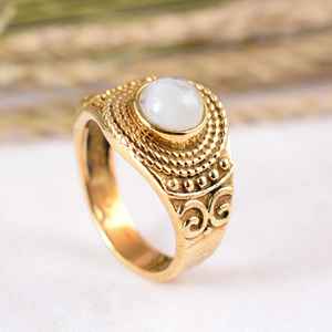 Handmade Botanical Moonstone <b>Statement</b> <b>Ring</b> 14K Gold Plated Brass Boho Hippie Style Nature Inspired Leaf Band Delicate Blue <b>Ring</b> - Product Image 4