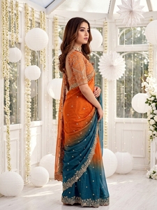Orange Blue Gradient Silk Saree Embroidered <b>Blouse</b> for Wedding Wear Women Traditional Indian <b>Sari</b> Floor-Length Sun Protection - Product Image 4