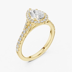 Anillo de compromiso de oro amarillo de 9K con diamante de laboratorio de 1 quilate talla pera, halo y tallo dividido, joyería nupcial pavé al por mayor - Product Image 2