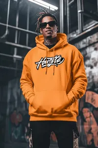 Orange Cartoon Print Hooded Sweatshirt Men Streetwear Oversized <b>Back</b> Logo Plastisol Cotton Knitted Autumn Fit - Product Image 2