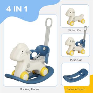 Cavallo a dondolo 4-in-1 per bambini da 2 a 5 anni con maniglia di spinta rimovibile e tavola di equilibrio, bici senza pedali blu per bambini - Product Image 4