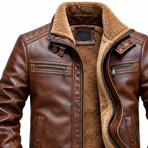 New Trendy Brown Fur Casual Winter Leather <b>Jacket</b> Fashion Men Warm Stylish Outdoor Premium <b>Slim</b> <b>Fit</b> Biker Coat Wholesale OEM ODM - Product Image 3