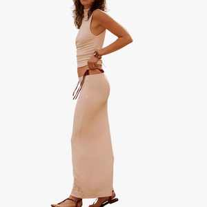 Wholesale 2026 Women's Casual A-Line Maxi <b>Skirt</b> Beige High Waisted <b>Elastic</b> Fabric <b>Skirt</b> Knitted Mock Neck Top Maxi <b>Skirt</b> Sets - Product Image 2