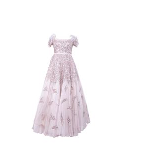 Robe longue de soirée pour femme, rose poudré, imprimé floral, coupe trapèze moderne, épaules dénudées, pour mariage, réception, fiançailles, soirée nuptiale - Product Image 3