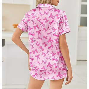 Ensemble short et haut à manches courtes col rond, taille élastique, coupe décontractée, pyjama d'été doux, respirant et léger pour femme - Product Image 2