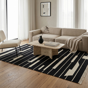 Tapis en laine noir tufté à la main, motif linéaire abstrait moderne, poils moyens, écologique et antidérapant, pour salon - Product Image 3