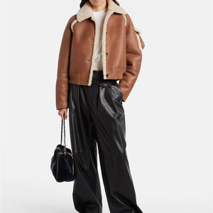 Blouson aviateur en cuir véritable marron pour femme avec col en fourrure, fermeture à boutons, manches longues, style hiver, longueur courte - Product Image 5