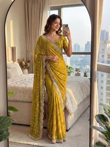 Indian Traditional Ethnic Satin Silk Saree Sequins Embroidery Work Recycled Materials for Wedding Occasion Women's Partywear - Product Image 2