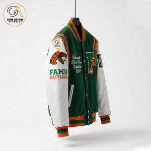 FAMU Custom Wholesale Unisex Green Orange Fleece Hooded Breathable Eco-Friendly Winter Varsity <b>Jacket</b> Vintage Embroidery - Product Image 3