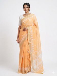 Sari en coton orange pour femme, imprimé blanc, longueur ras du sol, style traditionnel indien et pakistanais, élégant et recyclé, pour tenue décontractée - Product Image 5