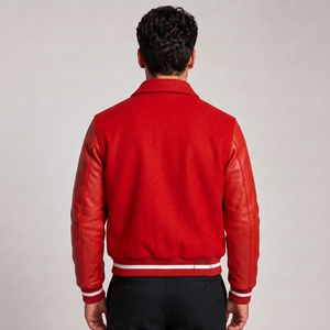 Veste universitaire rouge pour homme avec lettre D brodée, style preppy, manches en cuir, coupe classique, col rabattu, pour l'automne - Product Image 2