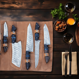 Ensemble de couteaux de chef personnalisés en acier Damas fait main, 5 pièces, manche en bois Wagi, étui en cuir, pour la cuisine, respectueux de l'environnement, MORTAL SAGA Drop - Product Image 5