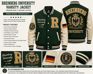 Veste universitaire d'hiver Rheinberg University Allemagne pour homme, verte, avec patch brodé du drapeau allemand sur le devant - Product Image 2