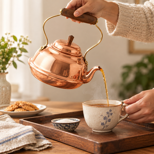 Bouilloire à thé en cuivre poli miroir de qualité supérieure avec poignée en bois, théière moderne pour cuisinière, fournisseur en gros d'appareils de cuisine - Product Image 3