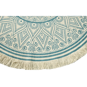 Handwoven Round Floral <b>Mandala</b> Flatweave Area <b>Rug</b> Soft Blue Cream Boho Circle Carpet with Fringe Low Pile for Living Room Decor - Product Image 5