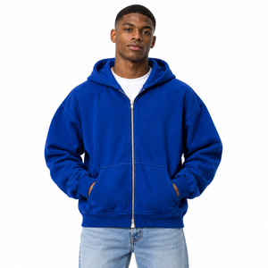 Sweat à capuche zippé unisexe en coton molletonné coupe ajustée, épais, avec poches zippées et épaules tombantes, OEM ODM - Product Image 2