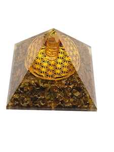 Pirámide de Orgón Hecha a Mano con Piedras Preciosas, Ojo de Tigre y Flor, con Punta de Cristal Cargada para Meditación, Comprar en Amayra Crystals Exports - Product Image 3