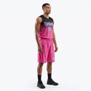 Ensemble de maillots de basket-ball personnalisés pour hommes, rose et noir, col en V, sans manches, sublimés, réversibles, personnalisés pour l'équipe - Product Image 6