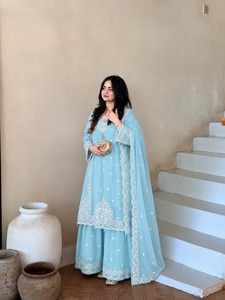 Designer Embroidery And Sequence Work Faux Georgette <b>Top</b> With Plazzo Bottom And Dupatta Fully Stitched Ready To Wear Set - Product Image 2