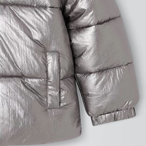 Silver <b>Hooded</b> Puffer <b>Jacket</b> Zipper Closure Windproof Thick Winter Coat Unisex Casual Solid Color Regular Fit Faux <b>Fur</b> Lining - Product Image 5