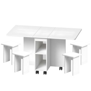 Set Tavolo da Pranzo Pieghevole in Legno di Quercia con Piano Ribaltabile per 4 Persone, 120 cm, Salvaspazio, con 4 Sedie e 6 Ruote per lo Stoccaggio - Product Image 5