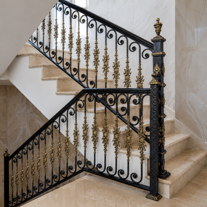 Luxury Black Gold Ornate Stair <b>Railing</b> Wrought Iron Floral Balustrade for Marble Staircase Villa Interior Decor - Product Image 2